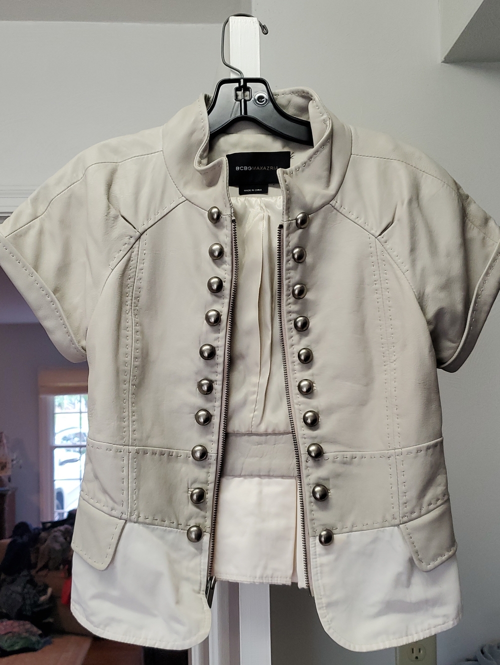BCBGMazAzria LEATHER Cream Short-Sleeve Military Buttoned Jacket, Vintage